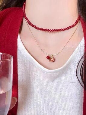 Red Beaded Necklace and Earrings Set Jewelry Set of 3